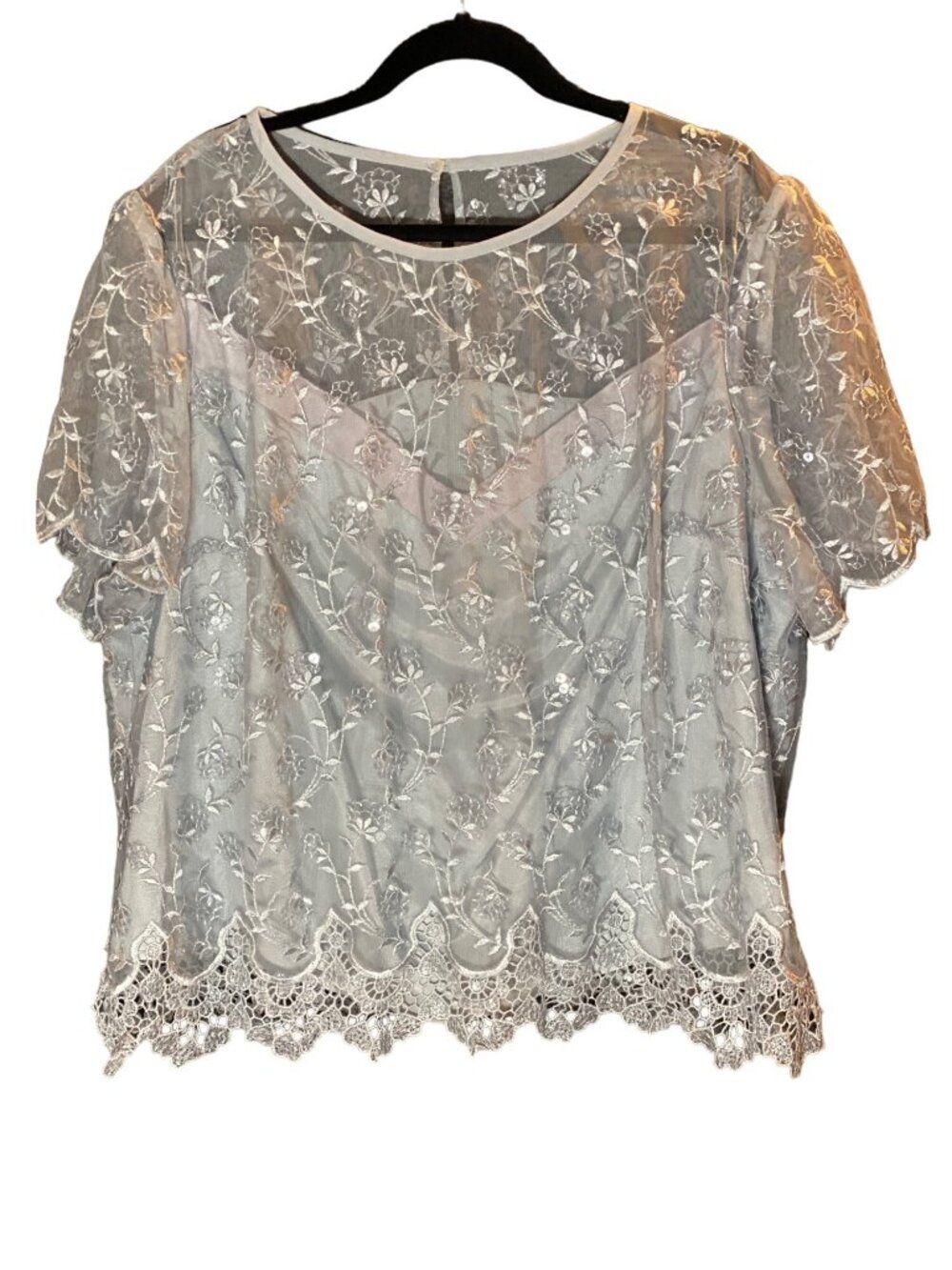 CARAMIA Lace Overlay Blouse Sheer Gray Coquette Floral Women Dress 24W Zipper